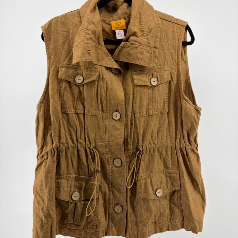 Ruby Rd Carmel Linen Blend Vest, Button Up, Utility, Drawstring Waist